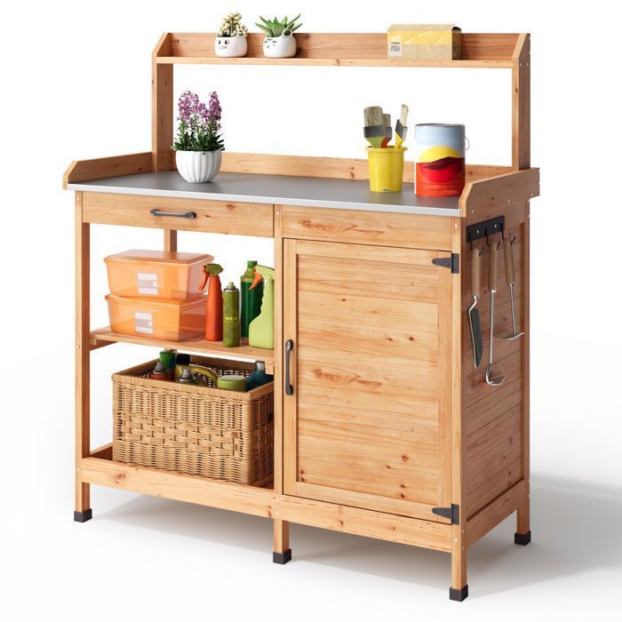 Tavolo da giardinaggio Bealife - Mobile da giardino per esterni - Legno di abete - Piano in metallo - 6 ganci - 1 anta - 1 cassetto