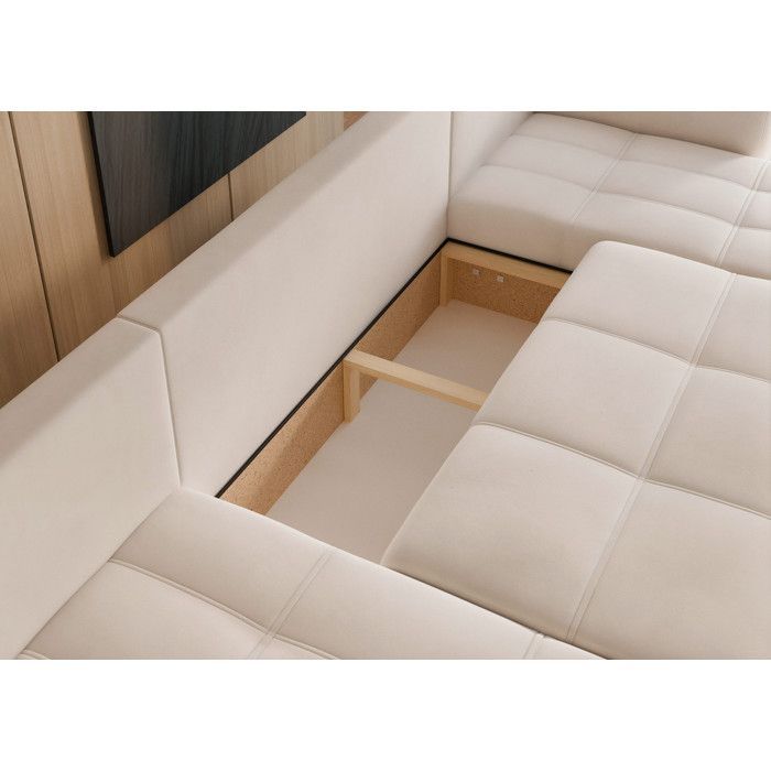 Divano angolare panoramico a 7 posti PEDRO IDOHOME in velluto color crema, trasformabile con contenitore