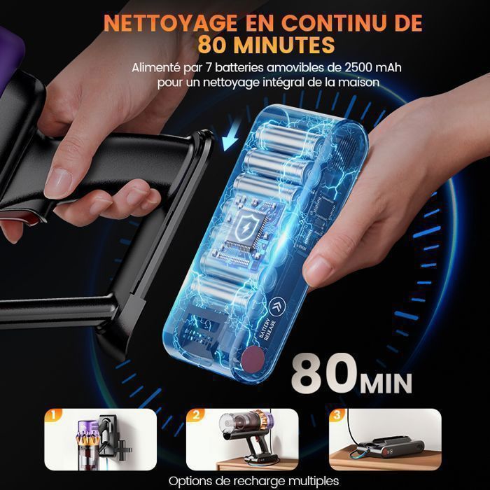 Aspirateur Balai sans Fil Erabros EV5-600W/70KPa/80 Min-Écran LED-4 Modes-Batterie Amovible-Anti-Emmêlement-LED Verte