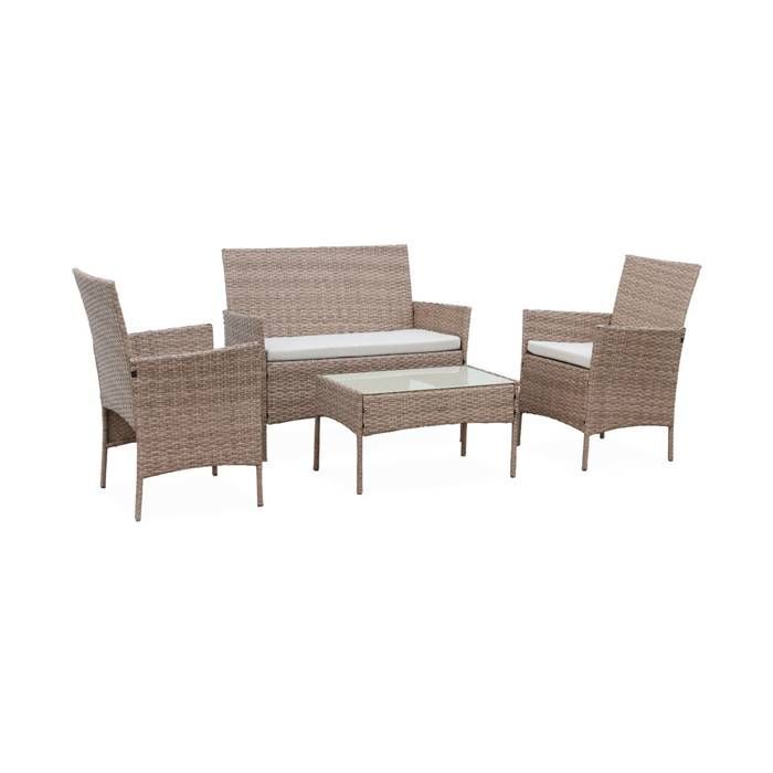 Salon de jardin en résine tressée - Moltès - Naturel. Coussins beiges - 4 places - 1 canapé. 2 fauteuils. une table basse