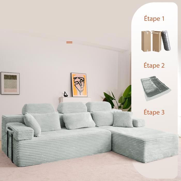 Sofá de canto reversível com chaise longue, sofá modular de encosto alto, sofá-cama de assento profundo sem necessidade de montagem, cinza