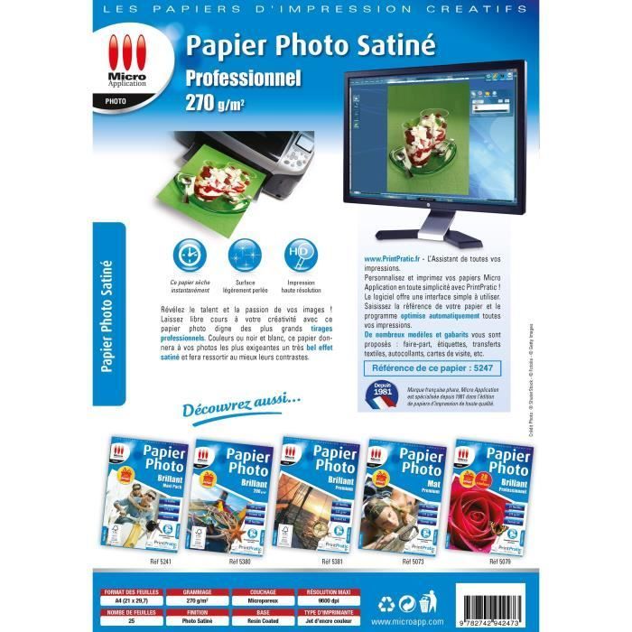 Papier Photo Satiné A4 - MICRO APPLICATION - Professionnel - 270 g/m² - Excellente tenue