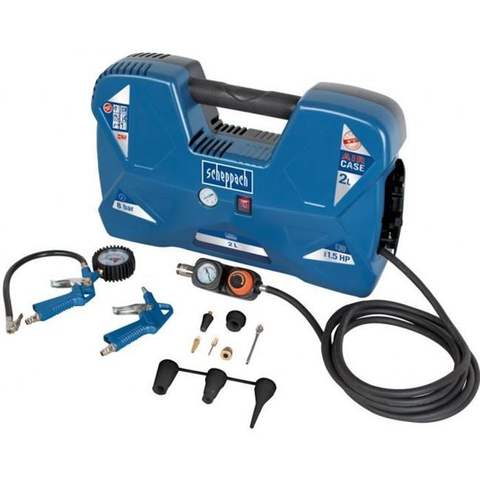 Scheppach AIR CASE portable compressor - 2L - 1100W - 8 bar (Supplied with 12 accessories, a blow gun, an inflation handle)