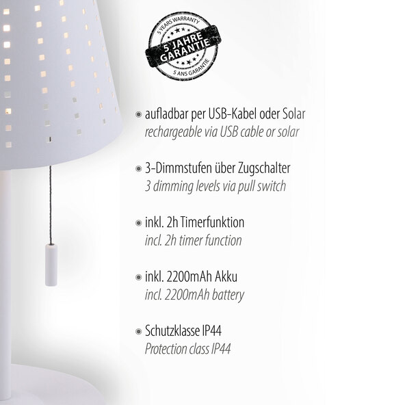 Lampă de masă solară LED reîncărcabilă Mandy, albă
