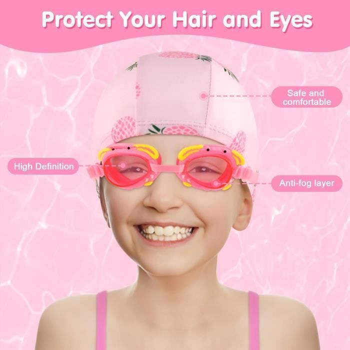 4-Piece Children's Swimming Cap Set - AQSACOKIYA - Boys and Girls Ages 5-12 - Children's Swimming Goggles Set - Pink