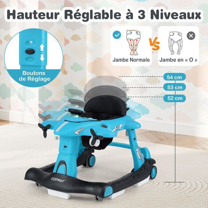 Andador plegable 6 en 1 para bebés COSTWAY - Diseño de avión - Altura ajustable - Caja de música con luces LED - Bandeja de alimentación - De 6 a 18 meses - Azul