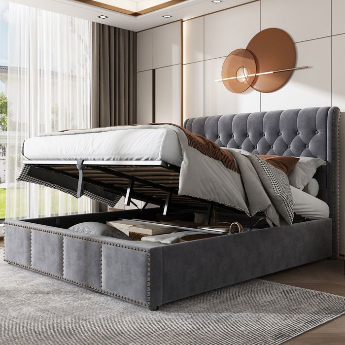 Letto contenitore 180x200 cm, meccanismo idraulico, letto matrimoniale, testiera imbottita, rete a doghe inclusa, tessuto in velluto, grigio