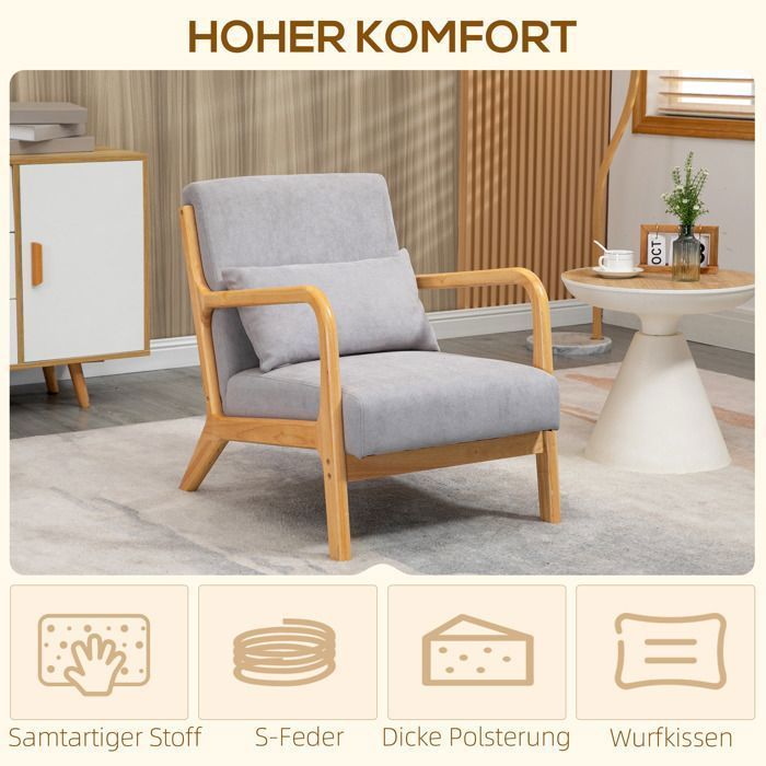 Plaque épaissiefauteuil lounge chair avec accoudoirs, coussin lombaire, chaise longue rembourrée avec cadre en bois, aspect velour