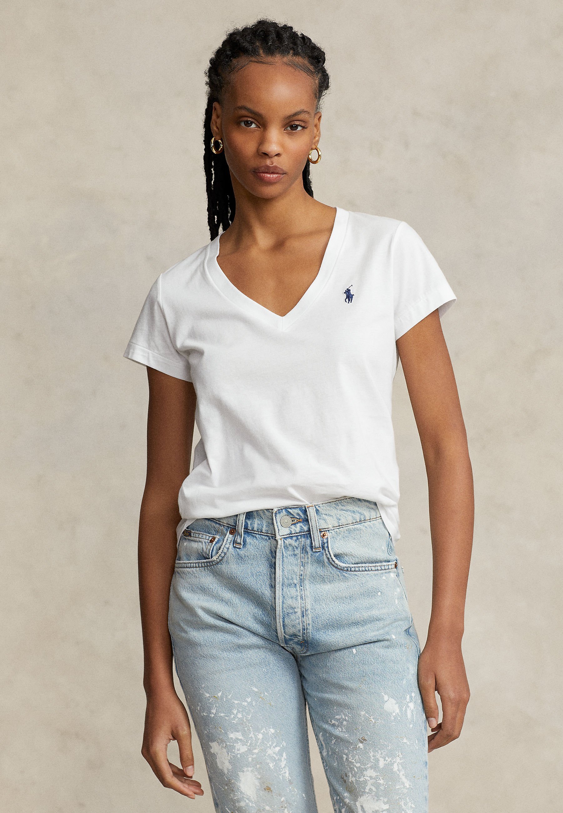 Polo Ralph Lauren Baumwoll-Jersey-T-Shirt mit V-Ausschnitt – Basic-T-Shirt – weiß