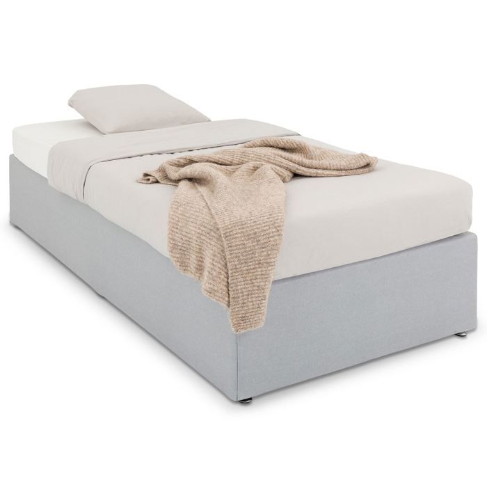 Base de cama tapizada MAYA de 90 x 190 cm, estructura de madera y revestimiento de tela gris, estructura de cama con patas.