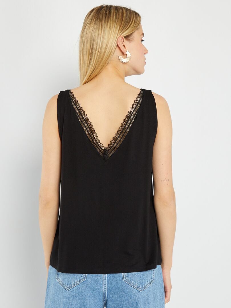 Camiseta sin mangas elástica con encaje - Negra