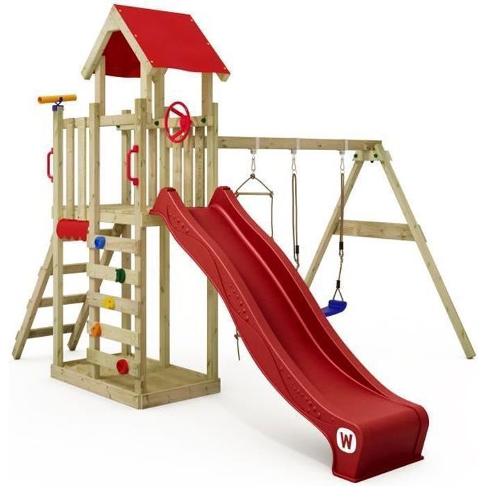 Tour de jeux bois WICKEY MultiFlyer Light avec balançoire, échelle corde et toboggan 220 cm rouge – 10 ans de garantie*
