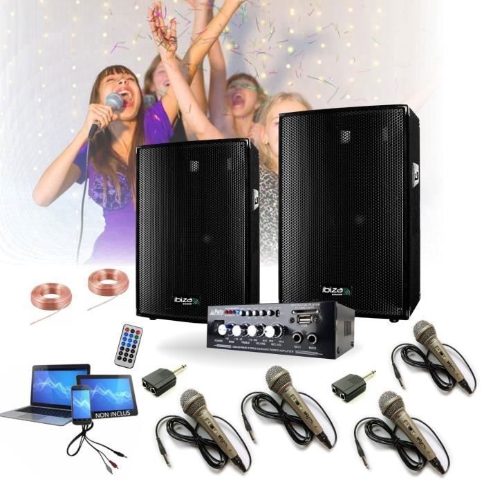 4 MICROS KARAOKE + AMPLI + 2 ENCEINTES 300W PA DJ SONO MIX LED LIGHT SOIRÉE FAMILIALE BAR CLUB MAISON DANSE