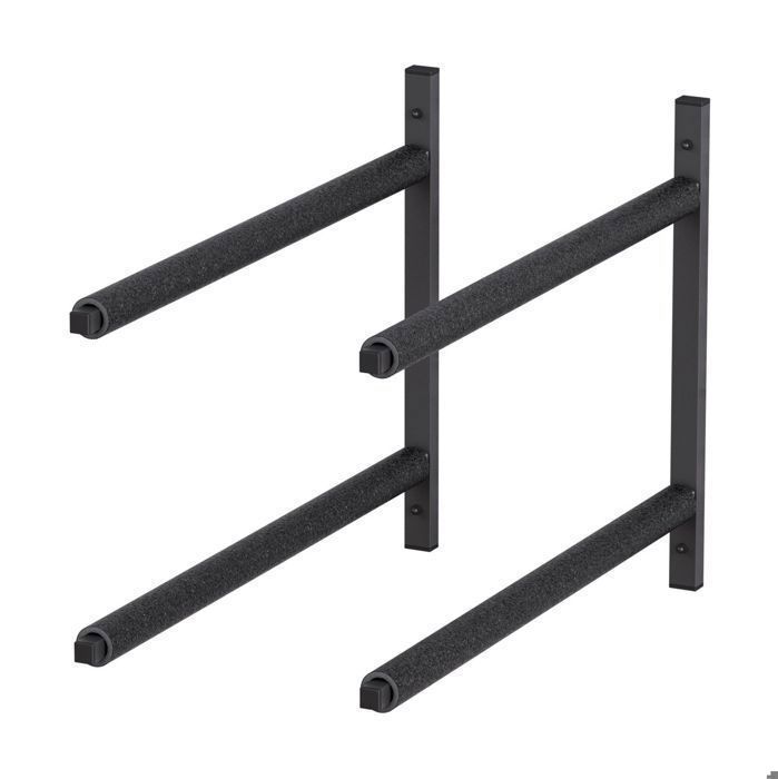 Wall-mounted surfboard and SUP rack with mounting hooks, protective foam, and two-tier steel workshop shelf