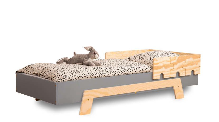 Łóżko poj. drewniane PUZZLE BR1 Szare z barierką -SMARTWOOD®