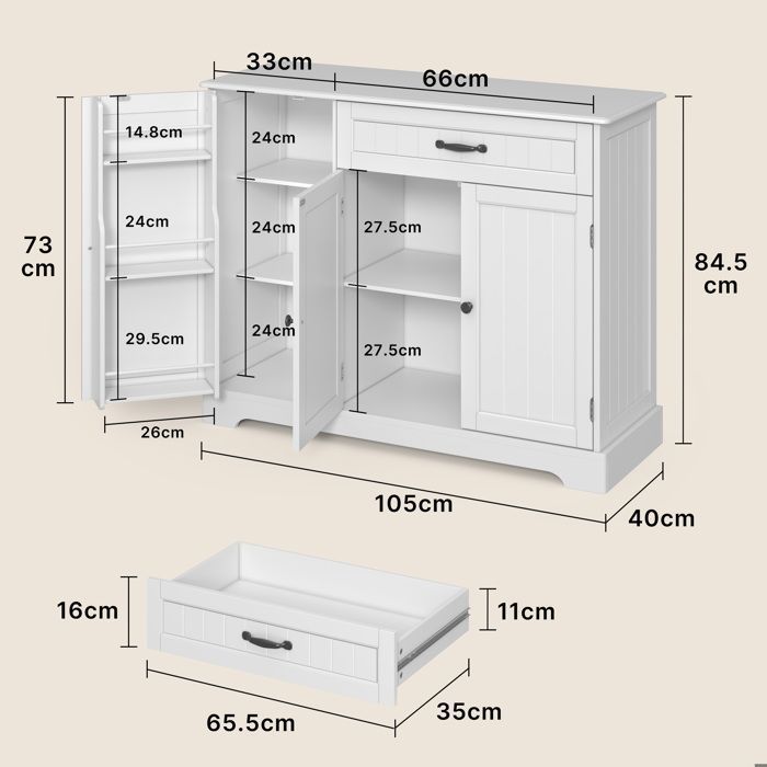 Buffet de Cuisine - Bealife - Meuble Rangement - 1 Tiroir - 3 Portes - 5 Niveaux - Meuble Bas - Salon - Blanc - 105x40x84,5cm