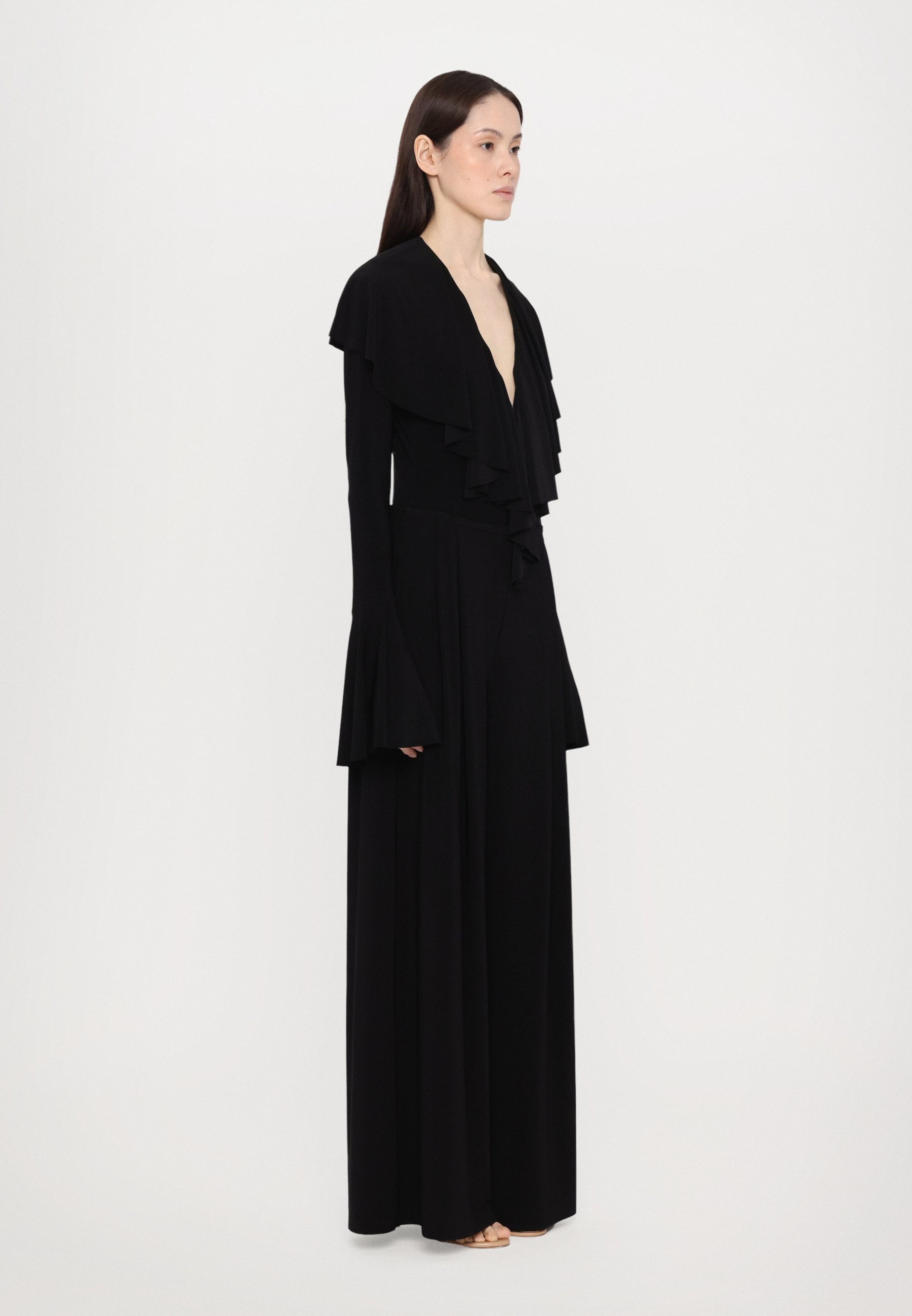 Norma Kamali Bodysuit met lange mouwen, diepe V-hals en ruches - Top met lange mouwen - zwart