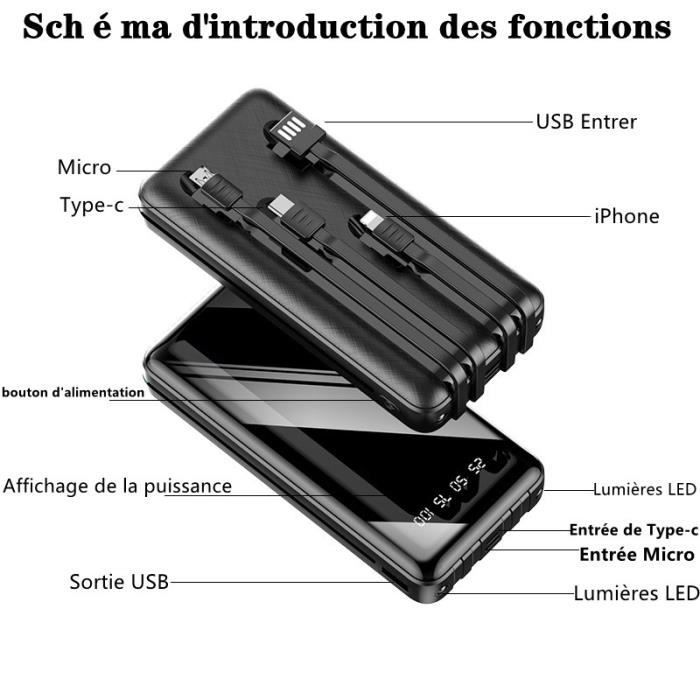 Weuiortn® 23800mAh draagbare externe batterij LCD-powerbank met 4 data-aansluitingen, geschikt voor alle mobiele telefoons (zwart)