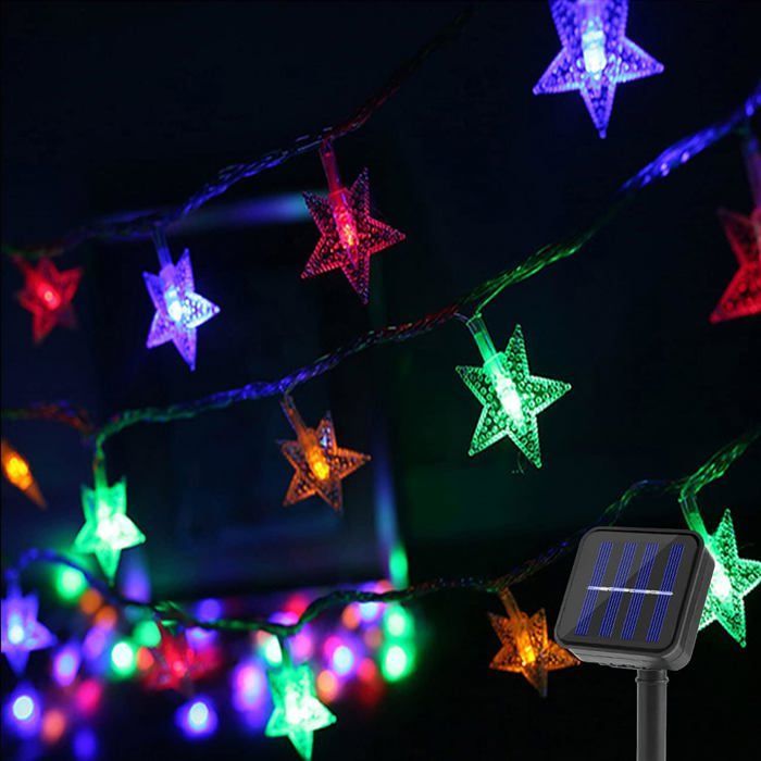 Solarbetriebene Lichterkette für den Außenbereich, 50 LEDs, 7 m, wasserdicht, sternförmig, für Thanksgiving, Weihnachtsdekoration, für jede Farbe geeignet