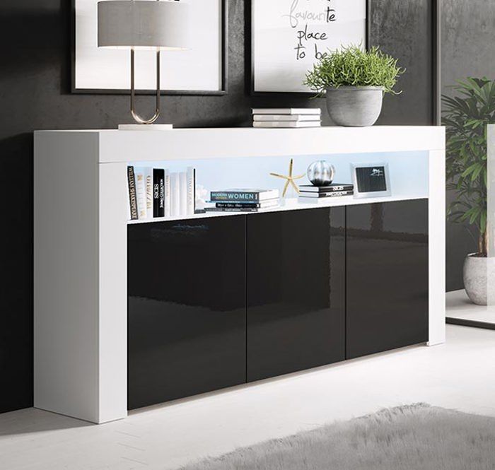 Aparador LED de 3 puertas | 155 x 91,5 x 37 cm | Acabado brillante blanco y negro | Almacenamiento | AKER