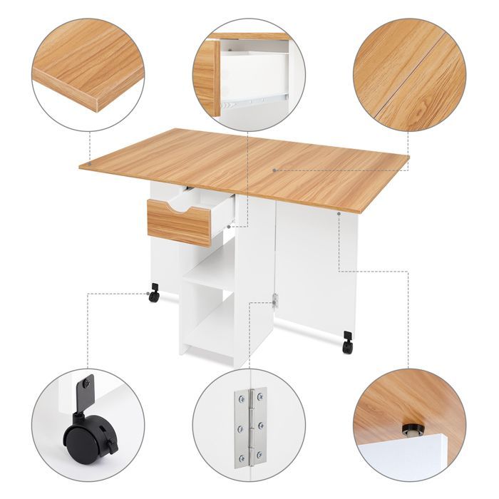 Mondeer Table à Manger Pliable, Table pliante avec 1 Tiroir et 2 Etagères,Table de Cuisine Pour Petit Espace, Chêne Rouge et Blanc