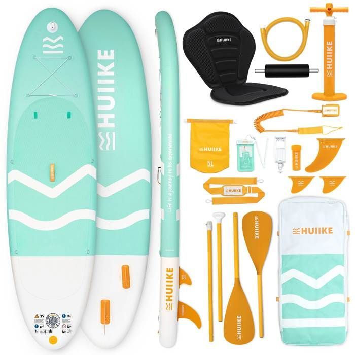 Green Inflatable Adult Paddleboard with Quality Accessories - HUIIKE - Stand Up Paddleboard with Double Paddle and Kayak Seat