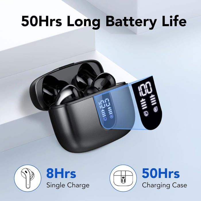 Draadloze Bluetooth-oordopjes, Bluetooth 5.3-hoofdtelefoon, 50 uur speeltijd, aanraakbediening, 4 ruisonderdrukkende microfoons, basversterking