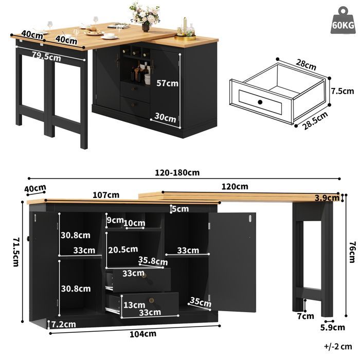Isla de cocina multifuncional extensible, mesa de bar ajustable con rotación de 360° (120-180 cm), con 2 cajones y puertas, color negro.