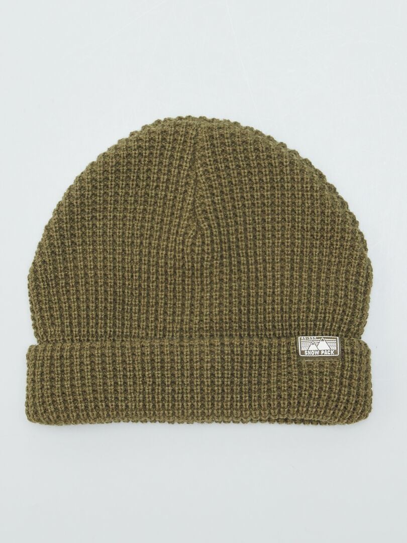 Gorro e cachecol em malha canelada com pérolas - Cáqui