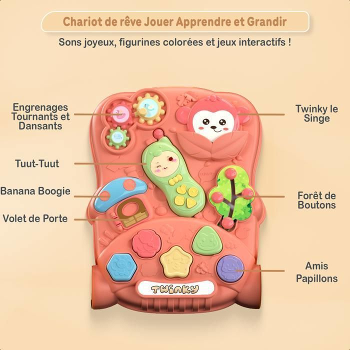 Andador de Luxo Twinky - TWINKY - Rosa - Carrinho de Bebê com Brinquedo Interativo - Freio de Velocidade Ajustável e Telefone Removível