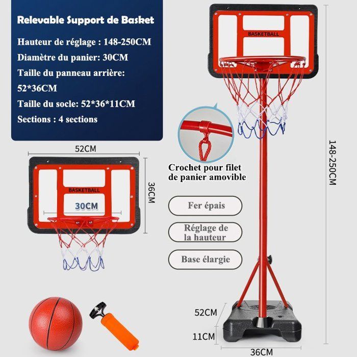 Vrijstaande basketbalring - Verstelbare hoogte 1,48 - 2,5 m met net en bal, draagbaar voor binnen en buiten voor kinderen - Rood