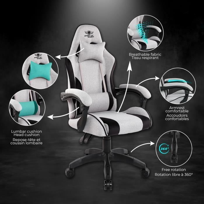 Gaming Chair - SPIRIT OF GAMER - Arena - 100% Polyester Fabric - White and Grey - 100kg Capacity