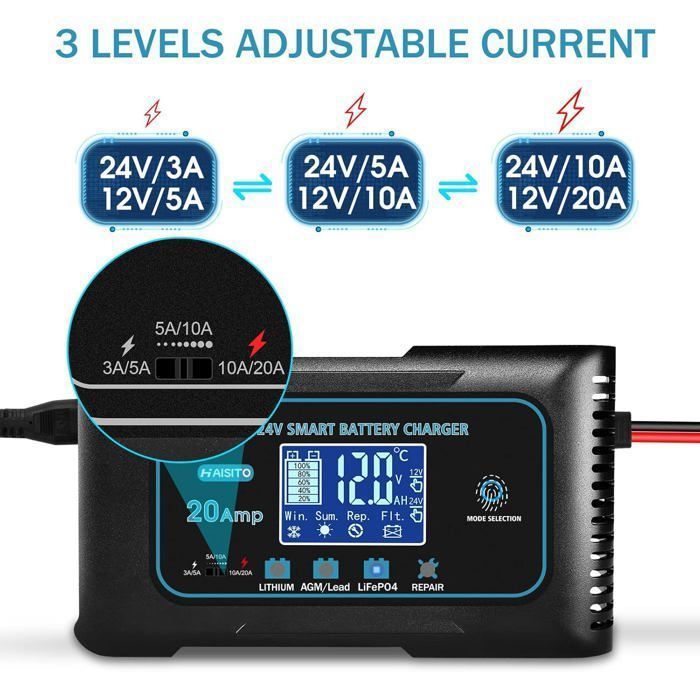 Cargador de batería inteligente de 20 A y 12 V/24 V, cargador de batería para coche, cargador mantenedor de batería automático