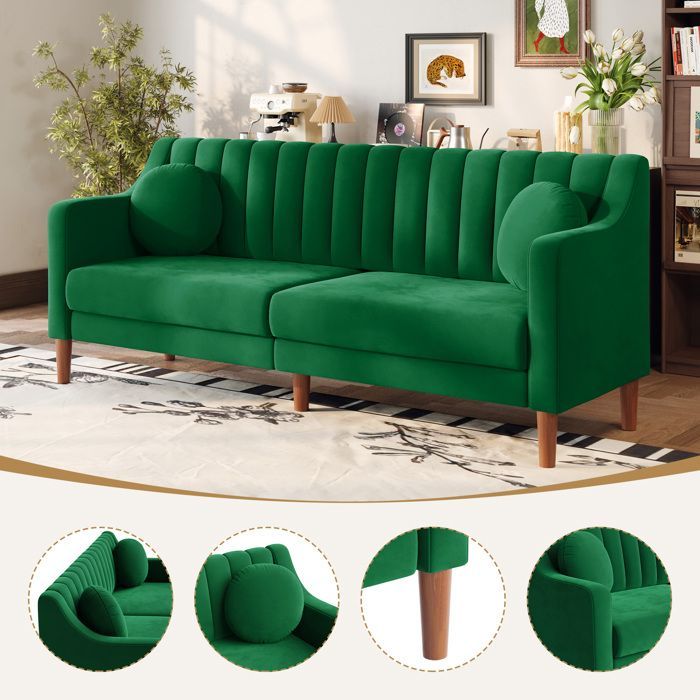 Large 3-Seater Velvet Sofa with 2 Pillows, Scandinavian Style Sofa for Living Room, Bedroom, Office, Solid Wood Legs, 206x74x83cm, Green