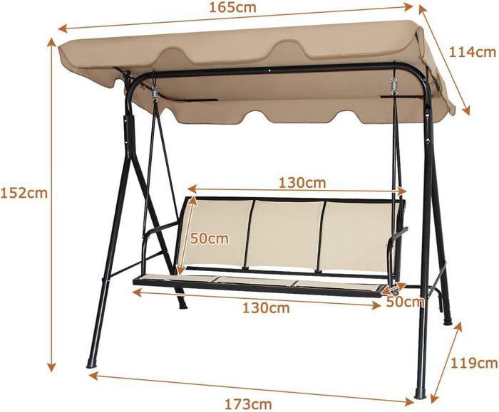 GOPLUS 3-Seater Garden Swing 170x120x153CM, with Adjustable Canopy, Textilene Fabric/Steel Frame, Brown