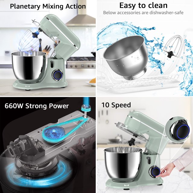 Samsaimo Küchenmaschine, 6,5 l, 660 W, 10 Geschwindigkeitsstufen, kippbarer Rührkopf, elektrische Küchenmaschine mit Schüssel, Knethaken, Rührbesen und Schneebesen für die meisten Hobbyköche