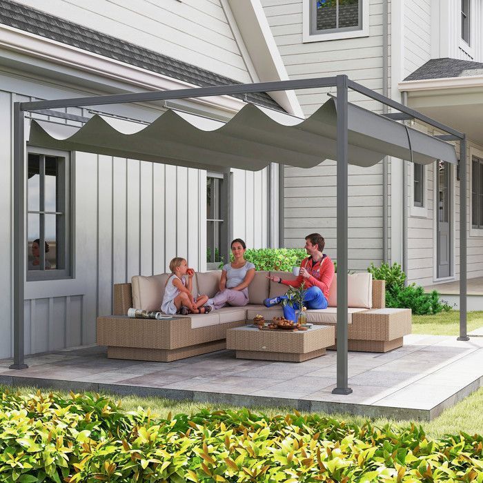 Pérgola corredera Outsunny - 4 x 3 m - Estructura metálica con revestimiento epoxi anticorrosión - Tejido de poliéster de alta densidad de 180 g/m² - Gris oscuro