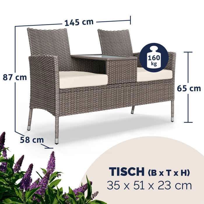 CASARIA® 2-seater polyrattan garden bench with cushions and integrated table, 145 x 58 x 87 cm, outdoor garden furniture, cream