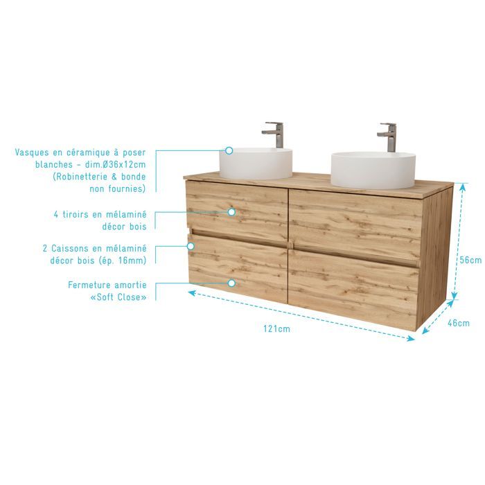 Badezimmer-Waschtischunterschrank 120 cm mit 4 Schubladen in Eiche natur - 2 runde 36 cm weiße Keramikwaschbecken