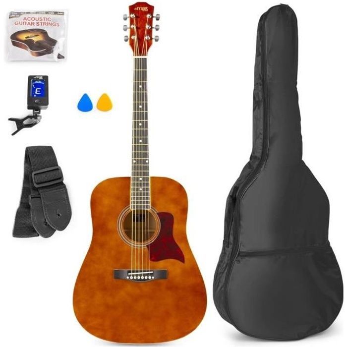 Max SoloJam - Akustisk guitar til begyndere - Mørkt naturtræ, stålstrenge, digital tuner, bæretaske…