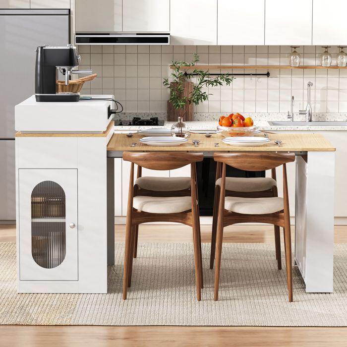 Isla de cocina extensible con almacenamiento, aparador moderno minimalista, 83 × 46-146,5 × 96 cm, equipada con toma de corriente, blanca.