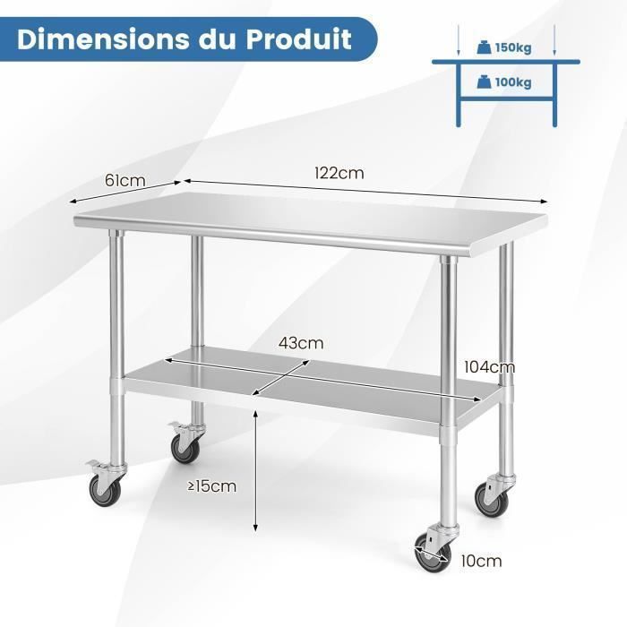 COSTWAY Table de Cuisine en Acier Inoxydable à Roulettes Verrouillables 122x61x90cm Etagères Inférieure Réglable Plan de Travail