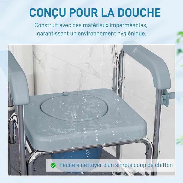 Silla inodoro para adultos - HOMCOM - con ruedas - reposapiés, respaldo y reposabrazos - aluminio y plástico - 53x97x97cm - gris