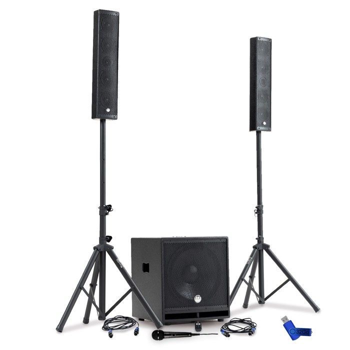 Kit audio completo per DJ BM SONIC BMS-15-SLIM-BT, subwoofer USB/Bluetooth da 38 cm da 1200 W, supporti per cavi + chiavetta USB da 32 GB.
