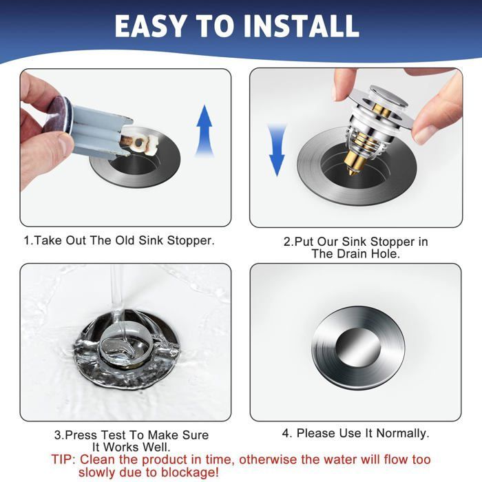 Desagüe automático universal para lavabo de 32–42 mm – paquete de 2, acero inoxidable y latón, filtro antiobstrucción