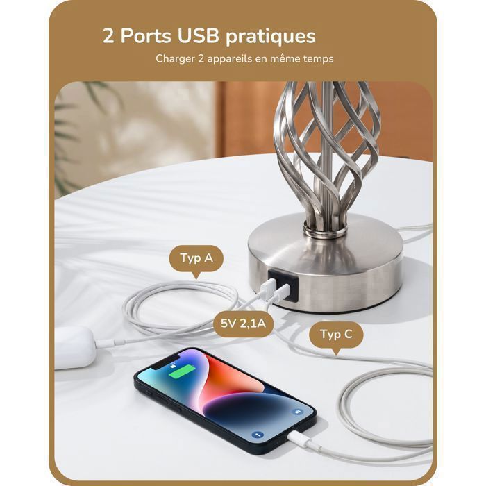 EDISHINE Lampe à Poser Tactile Lot de 2, USB A+C, Ampoule E27 LED Dimmable Fournie, Abat-jour Gris