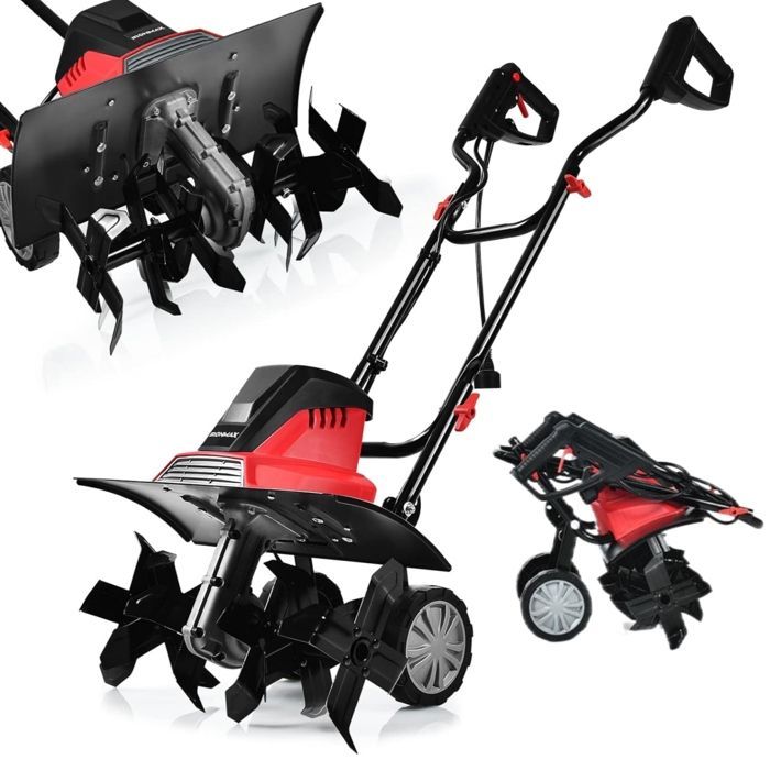 Motobineuse Motoculteur 1500W COSTWAY-Largeur 43cm,Profondeur 22cm-2 Roues Réglables-Bouclier-6 Fraises-Poignée Pliable-Rouge