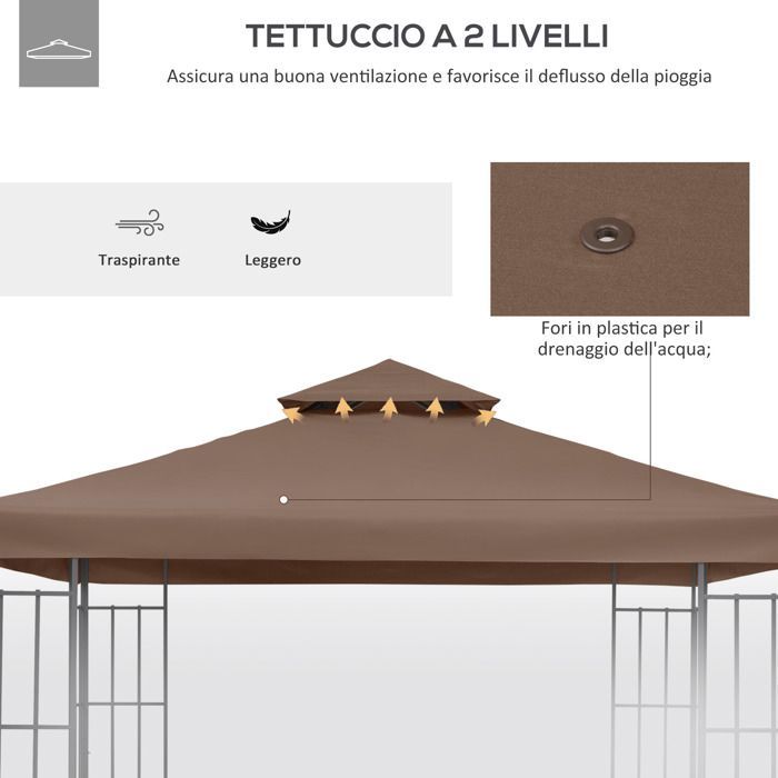 Techo de repuesto - Outsunny - para pabellón de jardín, lona de repuesto para cenador, tienda de campaña - poliéster - 3x3m - marrón