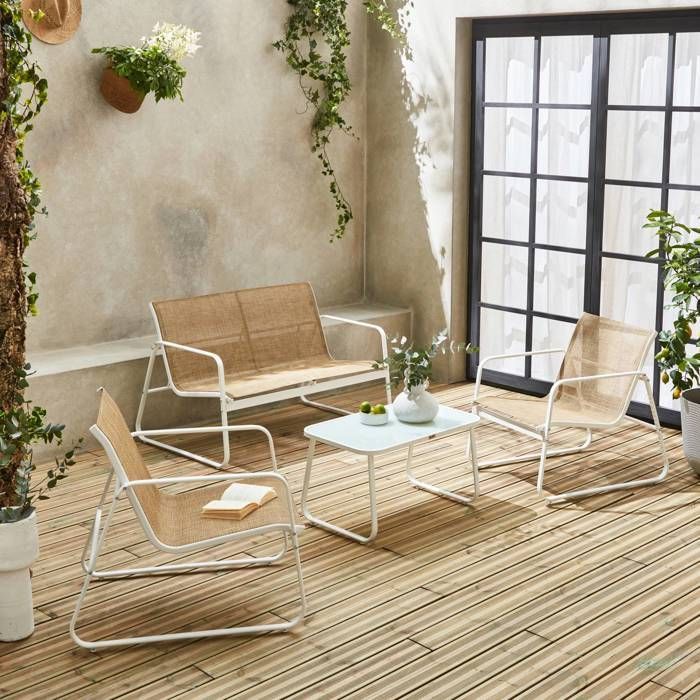Set di mobili da giardino in metallo e textilene per 4 persone. Bianco e naturale. Design