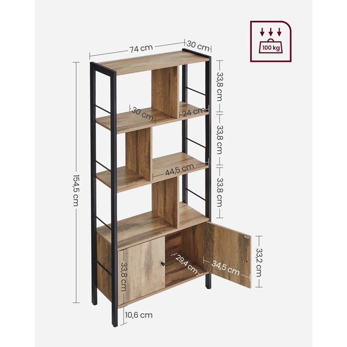 Libreria a 4 ripiani VASAGLE, mobile contenitore, armadio con ante, grande, struttura in acciaio, marrone cammello e nero
